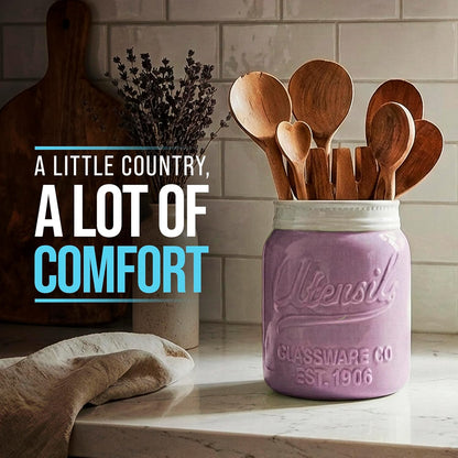 Green Mason Jar Utensil Holder – Wide Mouth Ceramic – Farmhouse | Green mason jar ceramic; 6.75"H x 5.5" base; fits 10+ utensils; DISHWASHER SUITABLE; farmhouse kitchen decor