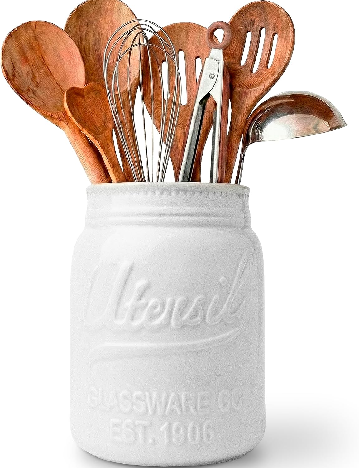 Green Mason Jar Utensil Holder – Wide Mouth Ceramic – Farmhouse | Green mason jar ceramic; 6.75"H x 5.5" base; fits 10+ utensils; DISHWASHER SUITABLE; farmhouse kitchen decor