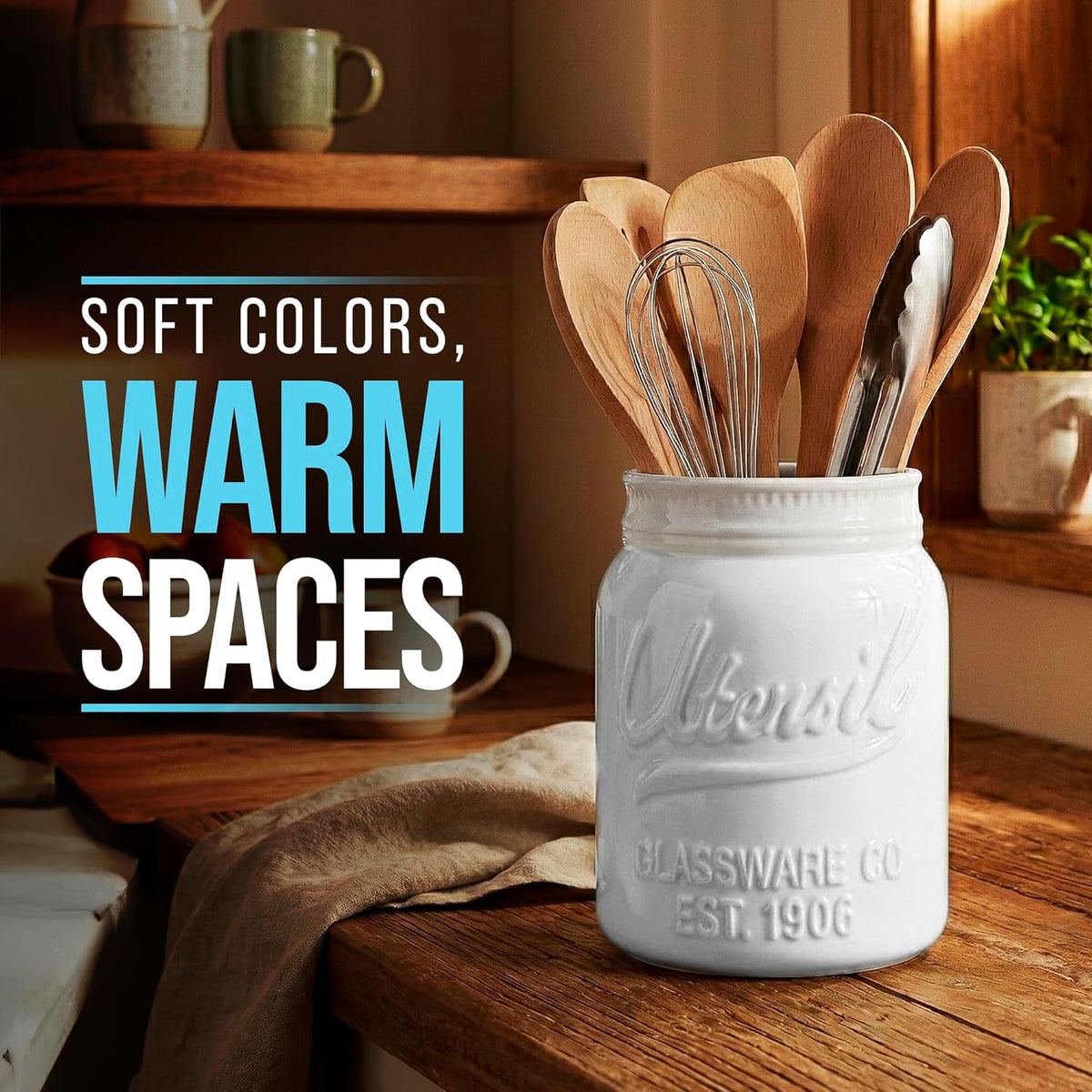 Green Mason Jar Utensil Holder – Wide Mouth Ceramic – Farmhouse | Green mason jar ceramic; 6.75"H x 5.5" base; fits 10+ utensils; DISHWASHER SUITABLE; farmhouse kitchen decor