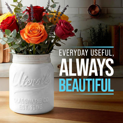 Green Mason Jar Utensil Holder – Wide Mouth Ceramic – Farmhouse | Green mason jar ceramic; 6.75"H x 5.5" base; fits 10+ utensils; DISHWASHER SUITABLE; farmhouse kitchen decor