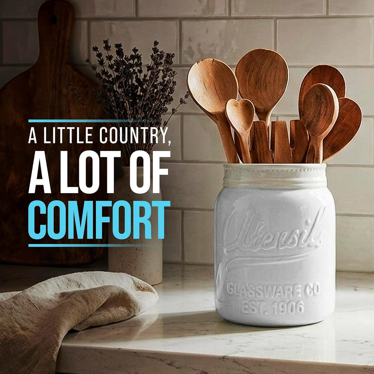 Green Mason Jar Utensil Holder – Wide Mouth Ceramic – Farmhouse | Green mason jar ceramic; 6.75"H x 5.5" base; fits 10+ utensils; DISHWASHER SUITABLE; farmhouse kitchen decor