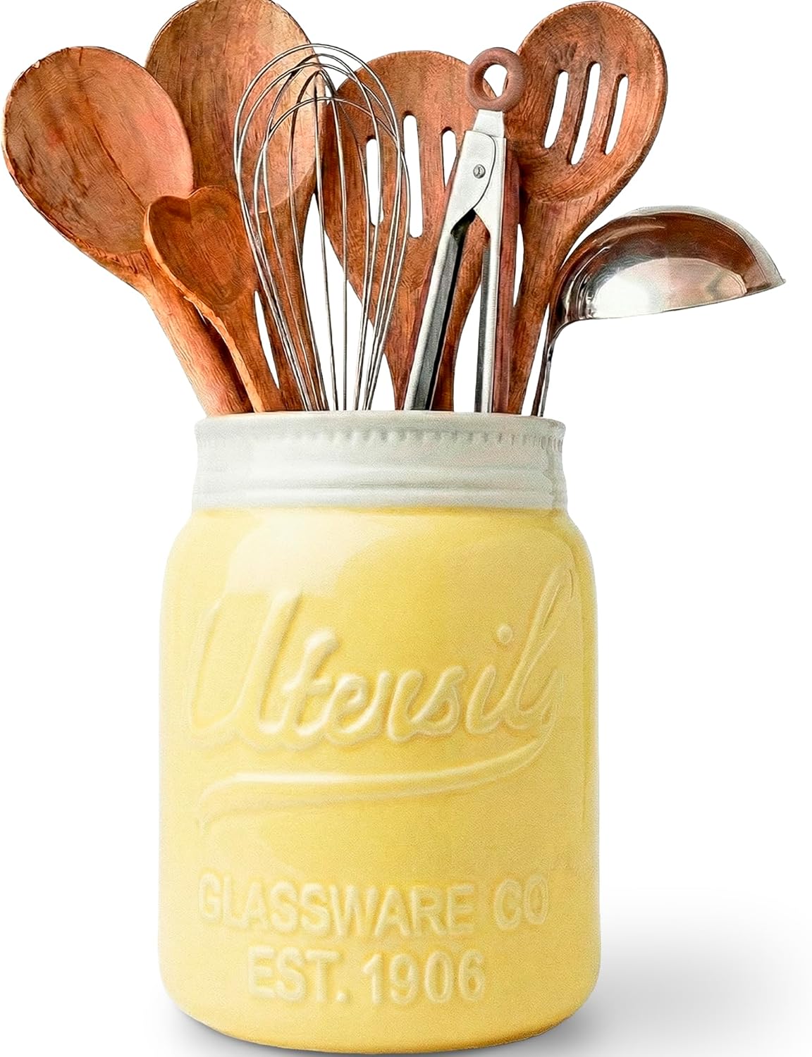 Green Mason Jar Utensil Holder – Wide Mouth Ceramic – Farmhouse | Green mason jar ceramic; 6.75"H x 5.5" base; fits 10+ utensils; DISHWASHER SUITABLE; farmhouse kitchen decor