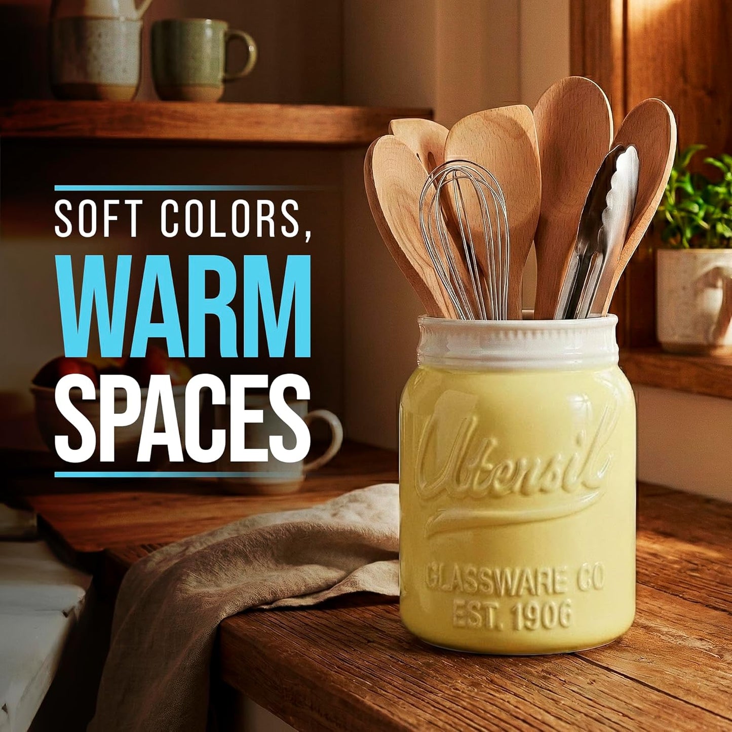 Green Mason Jar Utensil Holder – Wide Mouth Ceramic – Farmhouse | Green mason jar ceramic; 6.75"H x 5.5" base; fits 10+ utensils; DISHWASHER SUITABLE; farmhouse kitchen decor