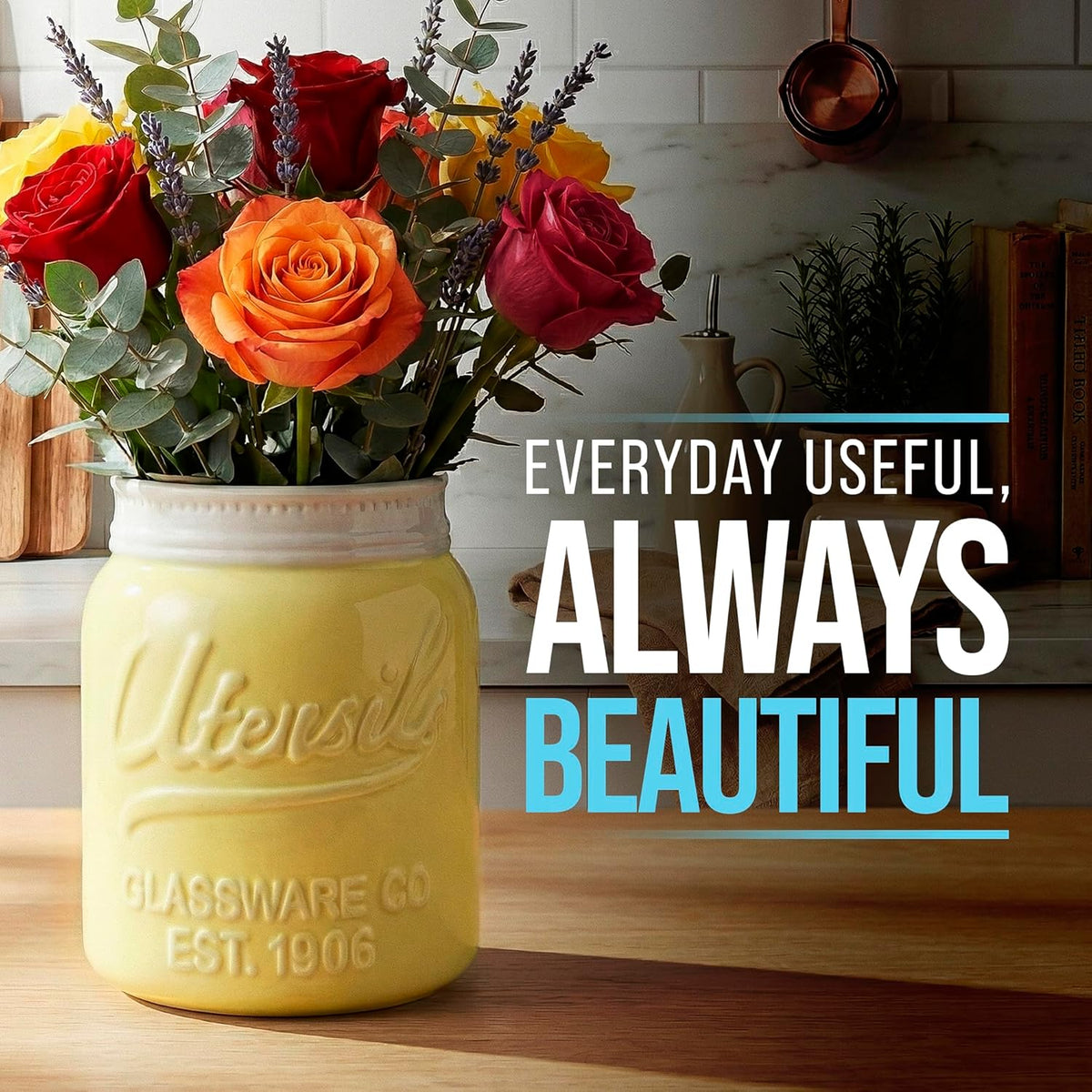 Green Mason Jar Utensil Holder – Wide Mouth Ceramic – Farmhouse | Green mason jar ceramic; 6.75"H x 5.5" base; fits 10+ utensils; DISHWASHER SUITABLE; farmhouse kitchen decor
