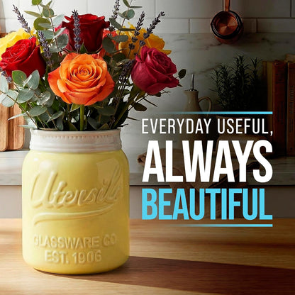 Green Mason Jar Utensil Holder – Wide Mouth Ceramic – Farmhouse | Green mason jar ceramic; 6.75"H x 5.5" base; fits 10+ utensils; DISHWASHER SUITABLE; farmhouse kitchen decor