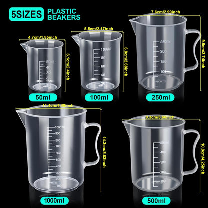 Teenitor Graduated Cylinder Plastic Beaker, 5pcs Plastic Graduated Cylinder 10ml 25ml 50ml 100ml 250ml and 5pcs Plastic Beakers 50ml 100ml 250ml 500ml1000ml Clear 10pcs