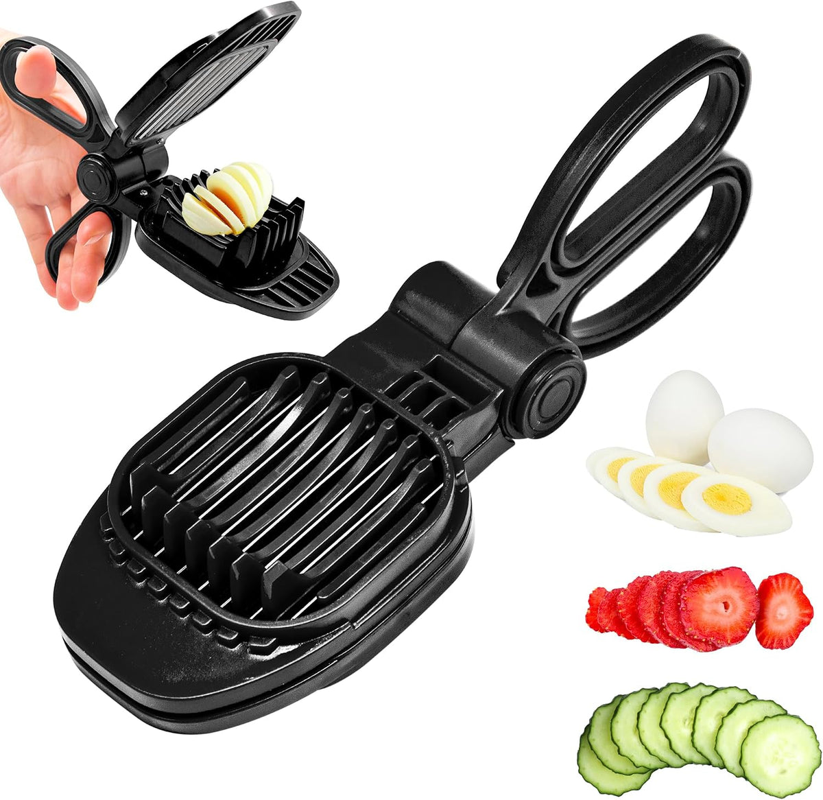 Fruit Slicer, Strawberry, Banana, Kiwi Cutter, Egg Slicer for Hard Boiled Eggs, for Fruit Sausages, Cucumbers, Mushroom Cutter, Rapid & Safe Slicing Kitchen Gadgets (Black)