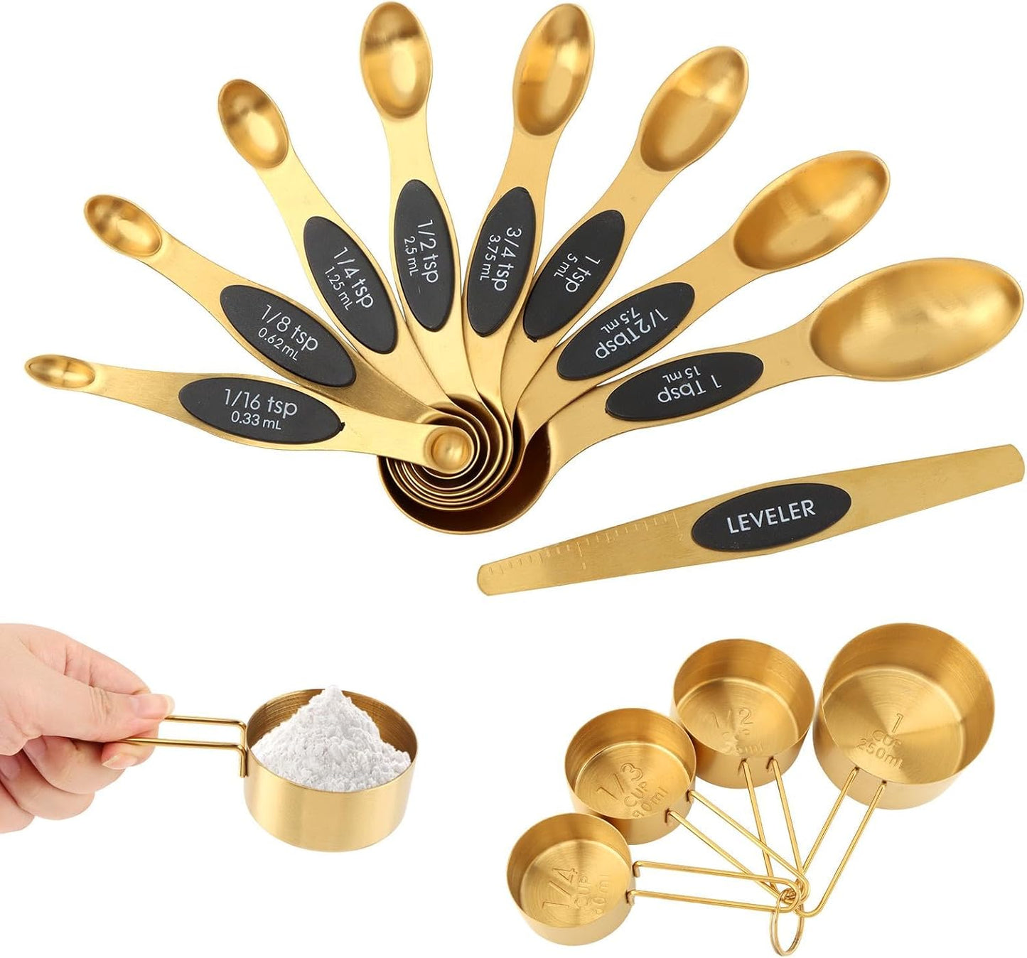 Gold Measuring Cups and Spoons Set, 13 Piece Measuring Set | Gold measuring cups and spoons set with double-sided spoons for spice jars and level measuring
