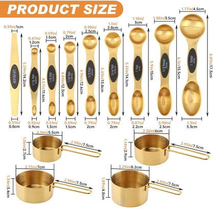 Gold Measuring Cups and Spoons Set, 13 Piece Measuring Set | Gold measuring cups and spoons set with double-sided spoons for spice jars and level measuring