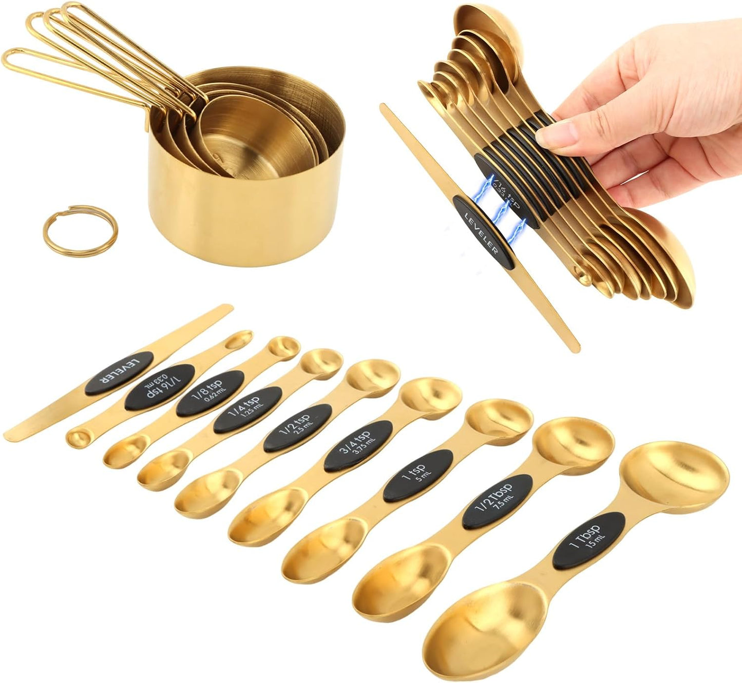 Gold Measuring Cups and Spoons Set, 13 Piece Measuring Set | Gold measuring cups and spoons set with double-sided spoons for spice jars and level measuring