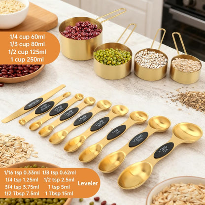 Gold Measuring Cups and Spoons Set, 13 Piece Measuring Set | Gold measuring cups and spoons set with double-sided spoons for spice jars and level measuring