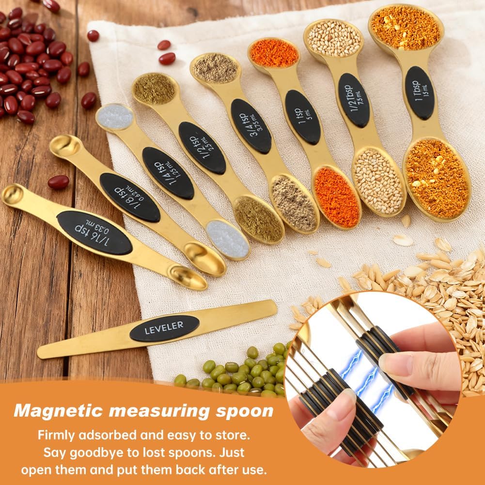 Gold Measuring Cups and Spoons Set, 13 Piece Measuring Set | Gold measuring cups and spoons set with double-sided spoons for spice jars and level measuring