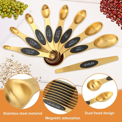 Gold Measuring Cups and Spoons Set, 13 Piece Measuring Set | Gold measuring cups and spoons set with double-sided spoons for spice jars and level measuring