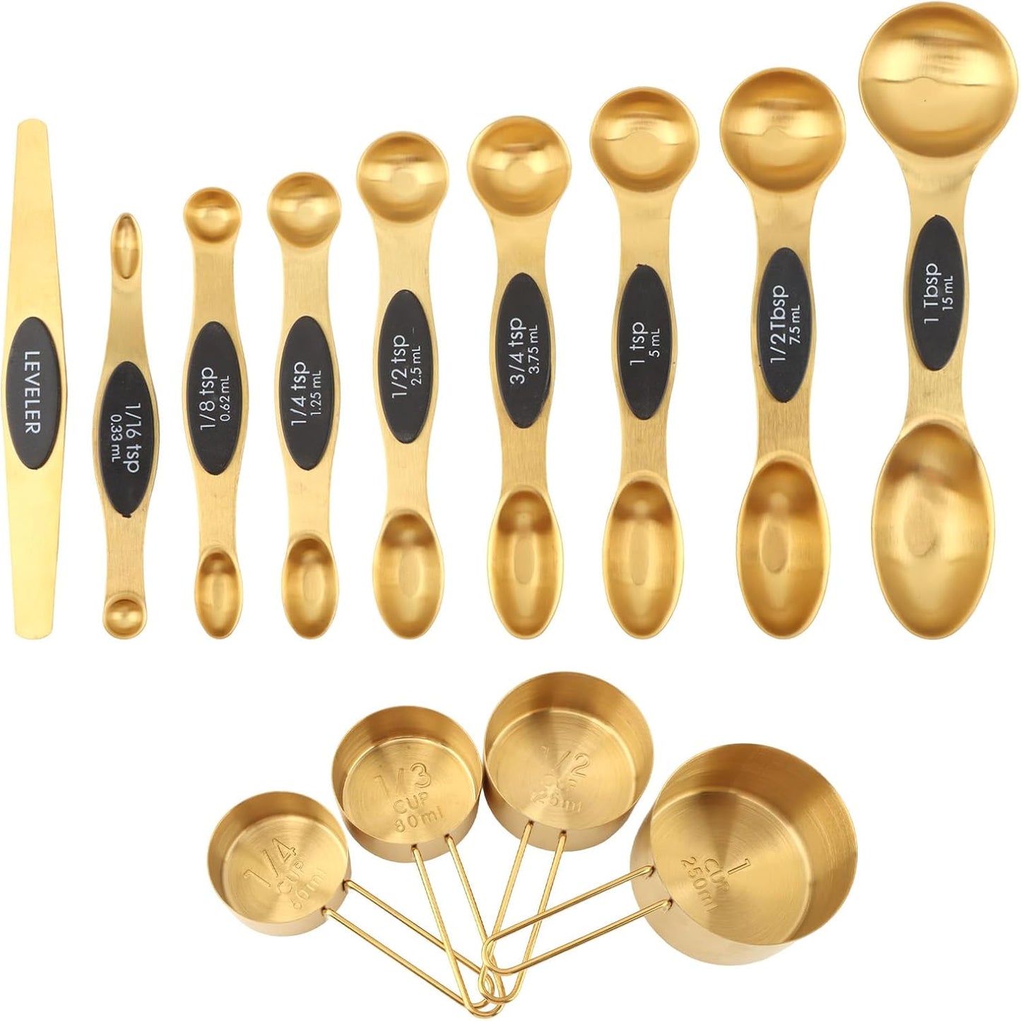Gold Measuring Cups and Spoons Set, 13 Piece Measuring Set | Gold measuring cups and spoons set with double-sided spoons for spice jars and level measuring