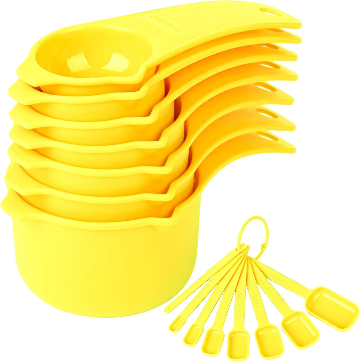 Plastic Measuring Cups and Spoons Set, Yellow Dry Measuring cups Set with Spout and Leveler for Kitchen and Baking, BPA free and Dishwasher Safe, Nesting Measuring Cups Set 15