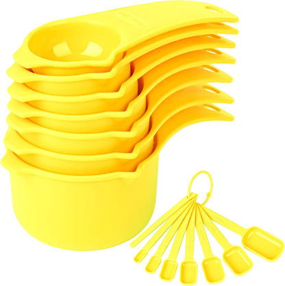 Plastic Measuring Cups and Spoons Set, Yellow Dry Measuring cups Set with Spout and Leveler for Kitchen and Baking, BPA free and Dishwasher Safe, Nesting Measuring Cups Set 15