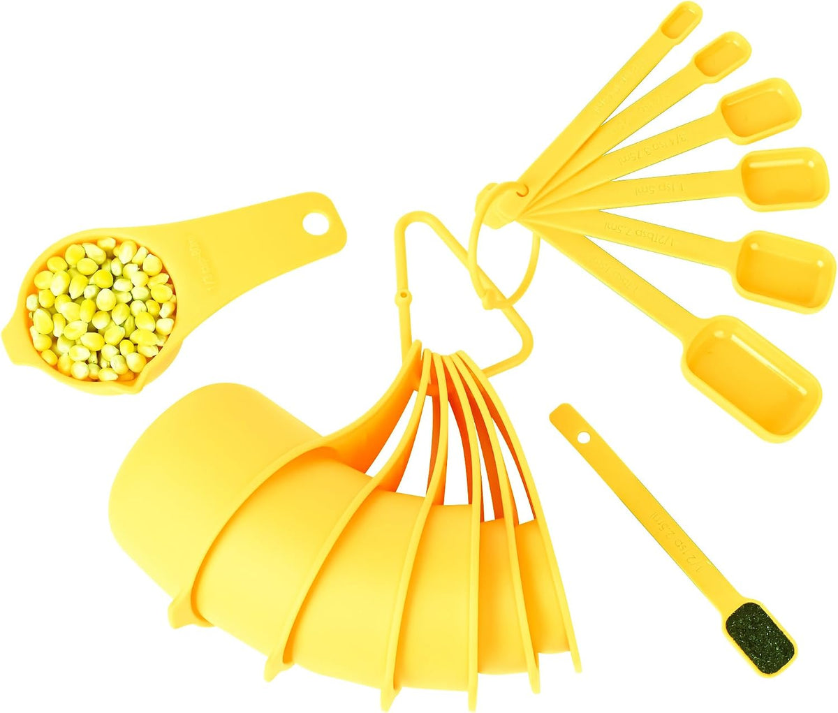 Plastic Measuring Cups and Spoons Set, Yellow Dry Measuring cups Set with Spout and Leveler for Kitchen and Baking, BPA free and Dishwasher Safe, Nesting Measuring Cups Set 15