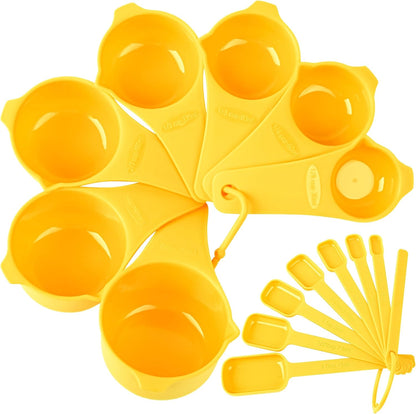 Plastic Measuring Cups and Spoons Set, Yellow Dry Measuring cups Set with Spout and Leveler for Kitchen and Baking, BPA free and Dishwasher Safe, Nesting Measuring Cups Set 15