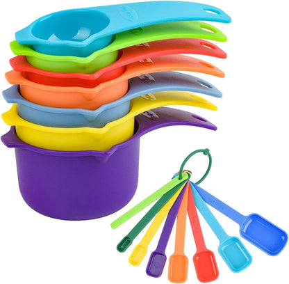 Plastic Measuring Cups and Spoons Set, Yellow Dry Measuring cups Set with Spout and Leveler for Kitchen and Baking, BPA free and Dishwasher Safe, Nesting Measuring Cups Set 15