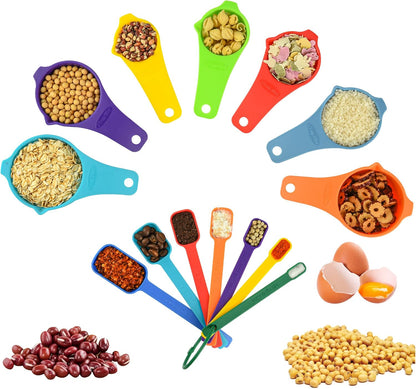 Plastic Measuring Cups and Spoons Set, Yellow Dry Measuring cups Set with Spout and Leveler for Kitchen and Baking, BPA free and Dishwasher Safe, Nesting Measuring Cups Set 15