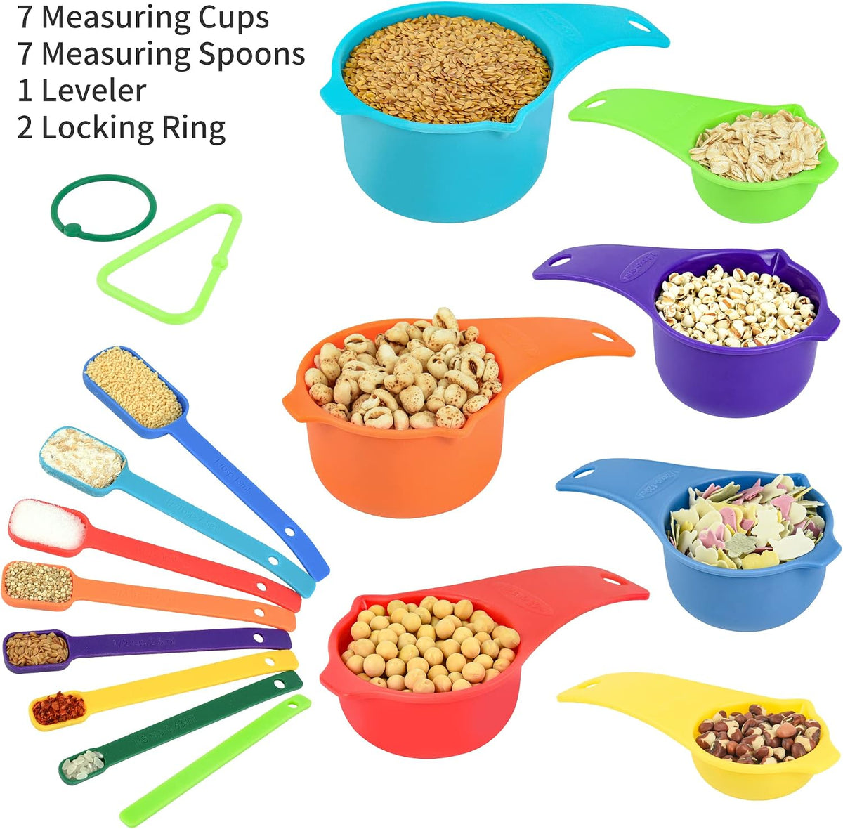 Plastic Measuring Cups and Spoons Set, Yellow Dry Measuring cups Set with Spout and Leveler for Kitchen and Baking, BPA free and Dishwasher Safe, Nesting Measuring Cups Set 15