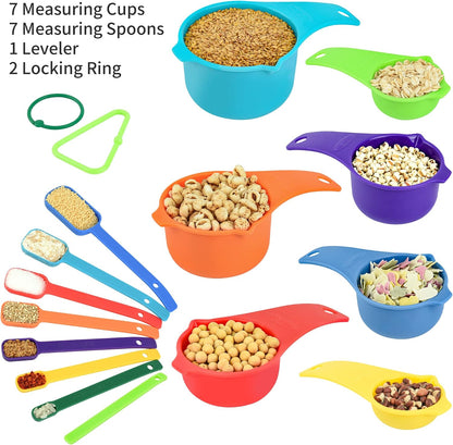 Plastic Measuring Cups and Spoons Set, Yellow Dry Measuring cups Set with Spout and Leveler for Kitchen and Baking, BPA free and Dishwasher Safe, Nesting Measuring Cups Set 15