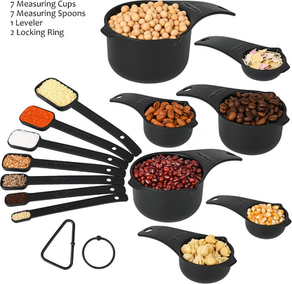 Plastic Measuring Cups and Spoons Set, Yellow Dry Measuring cups Set with Spout and Leveler for Kitchen and Baking, BPA free and Dishwasher Safe, Nesting Measuring Cups Set 15