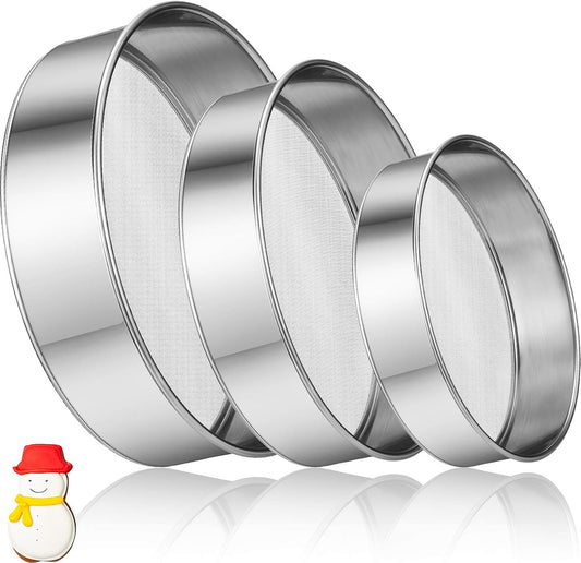 3 Pcs Stainless Steel Round Flour Sifter Sieve Fine Mesh for Bake Decorate Cakes, Pies, Pastries, Cupcakes (6 Inch and 8 Inch 60 Mesh,7 Inch 40 Mesh)