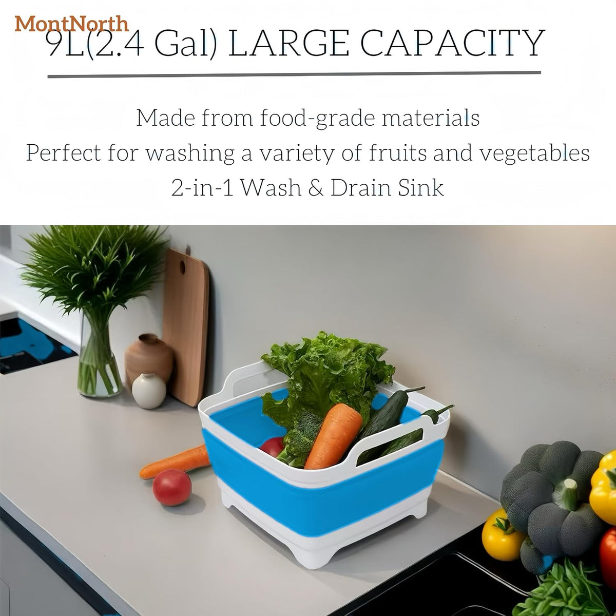 Collapsible Wash Basin 9L, Foldable Dish Tub with Drain Plug, Portable Collapsible Dish Basin, Camping Sink for Washing Dishes, Laundry & Kitchen Use,Gray