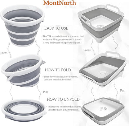 Collapsible Wash Basin 9L, Foldable Dish Tub with Drain Plug, Portable Collapsible Dish Basin, Camping Sink for Washing Dishes, Laundry & Kitchen Use,Gray