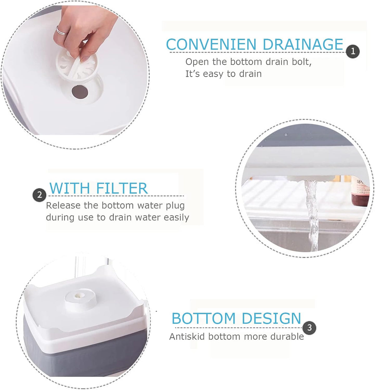 Collapsible Wash Basin 9L, Foldable Dish Tub with Drain Plug, Portable Collapsible Dish Basin, Camping Sink for Washing Dishes, Laundry & Kitchen Use,Gray
