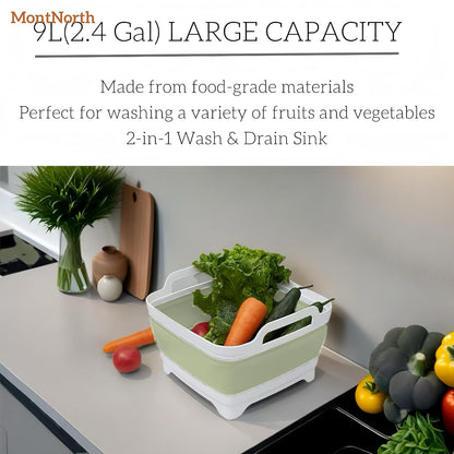 Collapsible Wash Basin 9L, Foldable Dish Tub with Drain Plug, Portable Collapsible Dish Basin, Camping Sink for Washing Dishes, Laundry & Kitchen Use,Gray