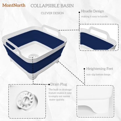 Collapsible Wash Basin 9L, Foldable Dish Tub with Drain Plug, Portable Collapsible Dish Basin, Camping Sink for Washing Dishes, Laundry & Kitchen Use,Gray