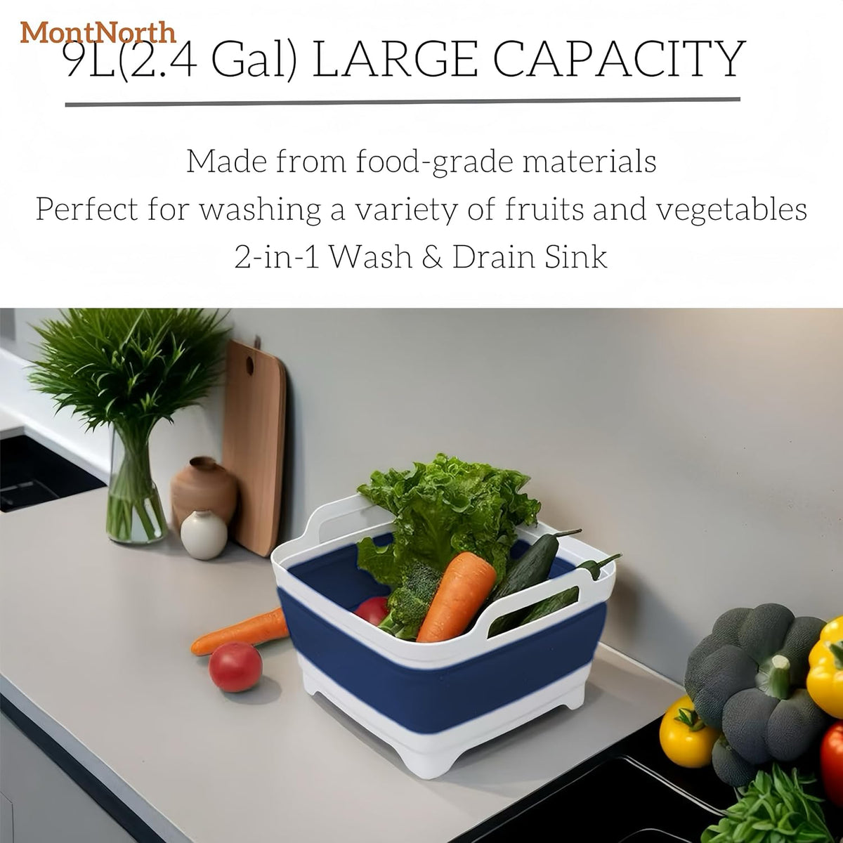 Collapsible Wash Basin 9L, Foldable Dish Tub with Drain Plug, Portable Collapsible Dish Basin, Camping Sink for Washing Dishes, Laundry & Kitchen Use,Gray
