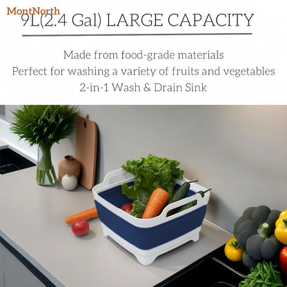 Collapsible Wash Basin 9L, Foldable Dish Tub with Drain Plug, Portable Collapsible Dish Basin, Camping Sink for Washing Dishes, Laundry & Kitchen Use,Gray