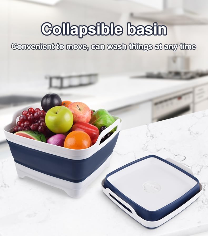 Collapsible Wash Basin 9L, Foldable Dish Tub with Drain Plug, Portable Collapsible Dish Basin, Camping Sink for Washing Dishes, Laundry & Kitchen Use,Gray