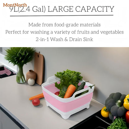 Collapsible Wash Basin 9L, Foldable Dish Tub with Drain Plug, Portable Collapsible Dish Basin, Camping Sink for Washing Dishes, Laundry & Kitchen Use,Gray