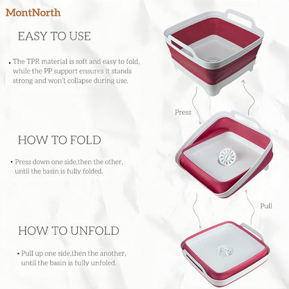Collapsible Wash Basin 9L, Foldable Dish Tub with Drain Plug, Portable Collapsible Dish Basin, Camping Sink for Washing Dishes, Laundry & Kitchen Use,Gray