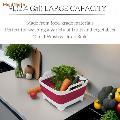 Collapsible Wash Basin 9L, Foldable Dish Tub with Drain Plug, Portable Collapsible Dish Basin, Camping Sink for Washing Dishes, Laundry & Kitchen Use,Gray