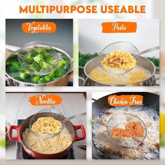 Stainless Steel Spider Strainer Skimmer Ladle Fryer for Cooking and Frying Kitchen Utensils Wire Strainer Scoop Pasta Strainer with Handle Deep Fry Skimmer Spoon