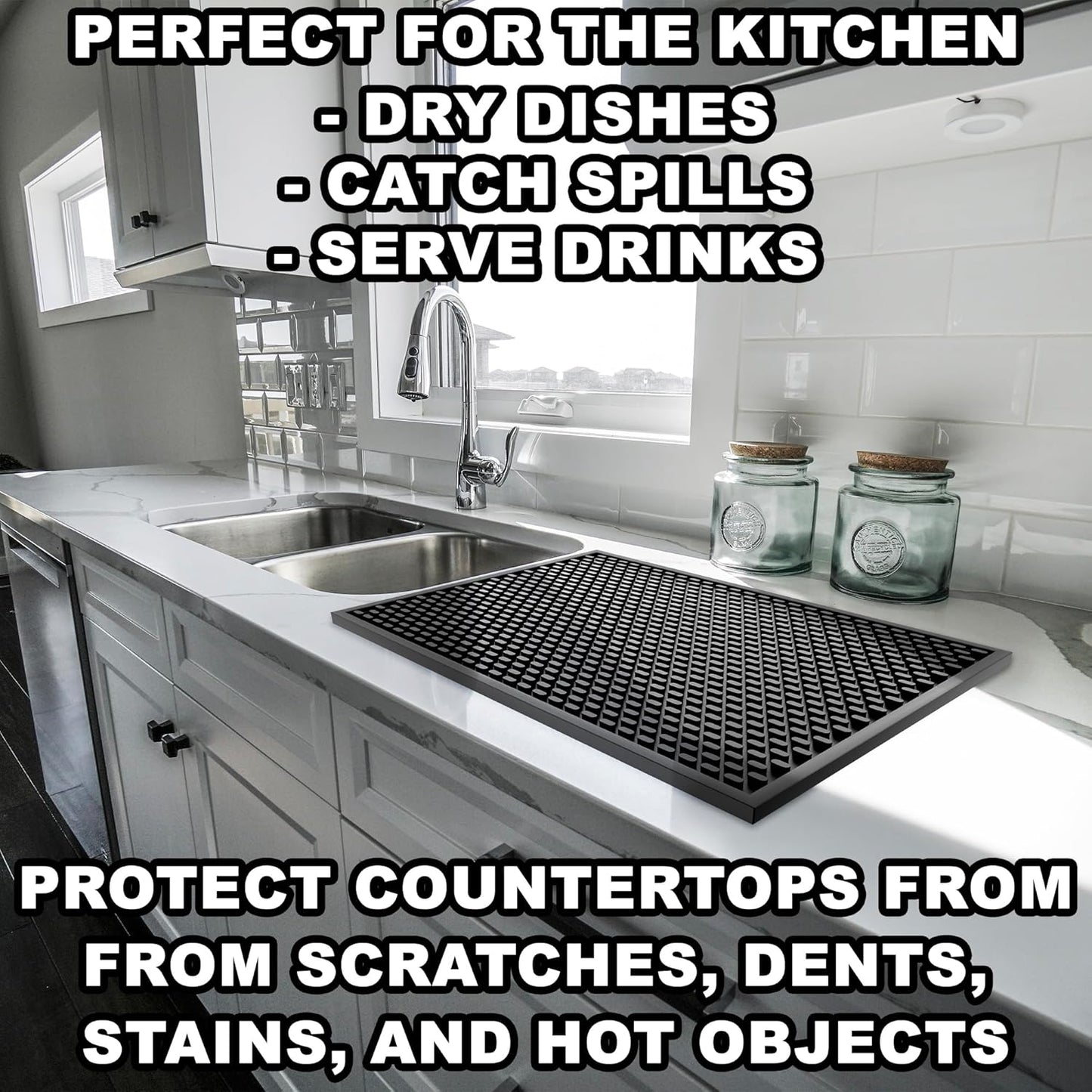 Silicone Drip Mat - 1/2 Inch Thick, Heat-Resistant and Food Safe - Counter Top, Coffee Bar or Restaurant - Drying Mat for Glasses - 18x12 Inches