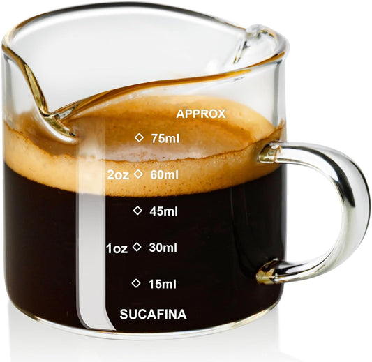 Espresso Measuring Cup, 2.5 oz Double Spout Glass with Handle | Borosilicate body has dual scales and a V-shaped mouth for precise pouring while measuring espresso shots and coffee drinks