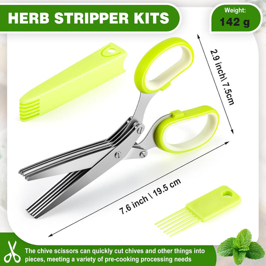 Herb Scissors 5 Blade with Cleaning Comb, Herb Stripper Bowl with 4 Hole Sizes, Cutter for Basil, Chives, Parsley, Kitchen Cutting Tool Set