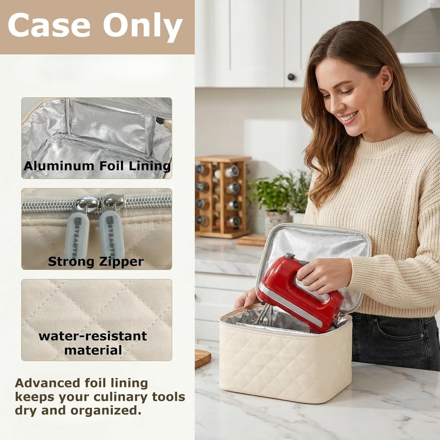 Digital Hand Mixer Carrying Bag for KitchenAid 5/6/ 7/9 Ultra Power Speed Hand Mixers, Portable Travel Storage Case Bag with Handle for Kitchen Aid Mixer Accessories (Box Only) (Light Beige)