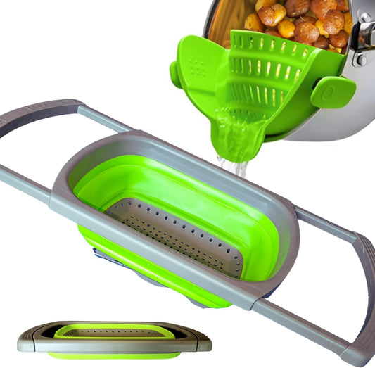 2-in-1 Silicone Strainer Set | Collapsible Colander | Over the Sink Silicone Collander With Extendable Handle | Clip-on Pot Strainer for Pots and Pans| Space-Saving, Heat-Resistant