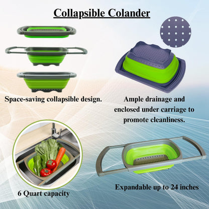 2-in-1 Silicone Strainer Set | Collapsible Colander | Over the Sink Silicone Collander With Extendable Handle | Clip-on Pot Strainer for Pots and Pans| Space-Saving, Heat-Resistant