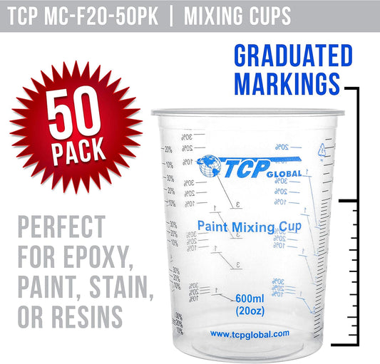 20 oz. (600ml) Graduated Plastic Mixing Cups - Box of 50 with 50 Mixing Sticks - Disposable Plastic Measuring Cups for Liquids, Paints, Resin, Epoxy, Art, Kitchen - Ratios 2-1, 3-1, 4-1 ML