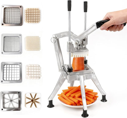Commercial Vegetable Chopper w/ 4 Replacement Blades, Stainless Steel French Fry Cutter Potato Dicer & Fruit Slicer for Restaurants & Home Kitchen
