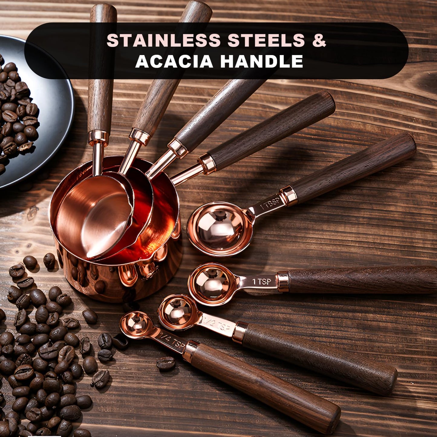 Gold Measuring Cups and Spoons Set with Wood Handles, Premium Stainless Steel Measuring Spoons and Measuring Cups Set, For Cooking and Baking in the Kitchen (Bronze)