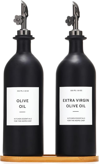 HOMCDALY Olive Oil Dispenser for Kitchen, 11.8oz Glass Kitchen Dispenser Bottle, Black Oil&Vinegar Cruet Set, Leakproof Olive Oil Bottles | Set of 2 (11.8oz – Black)